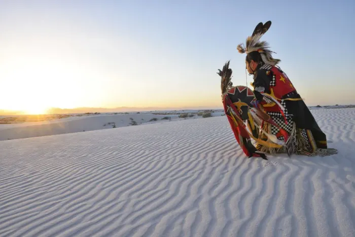Framed Print : Native American in full regalia, White Sands National Monument, New Mexico, USA MR Framed Print : Native American in full regalia, White Sands National Monument, New Mexico, USA MR