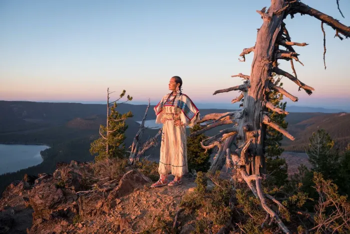 Framed Print : Native woman, Acosia M. Red Elk, in historic buckskin dress on top of Paulina Peak