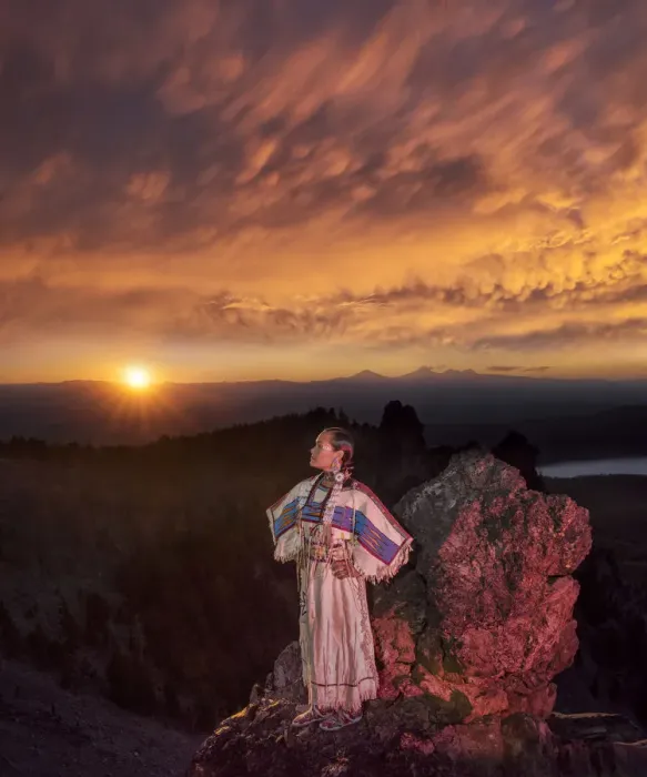 Framed Print : Native woman, Acosia M. Red Elk, in historic buckskin dress on top of Paulina Peak Framed Print : Native woman, Acosia M. Red Elk, in historic buckskin dress on top of Paulina Peak