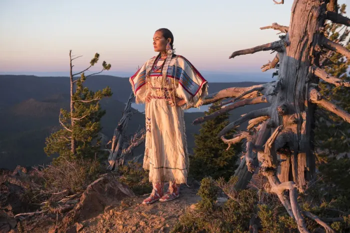 Framed Print : Native woman, Acosia M. Red Elk, in historic buckskin dress on top of Paulina Peak Framed Print : Native woman, Acosia M. Red Elk, in historic buckskin dress on top of Paulina Peak