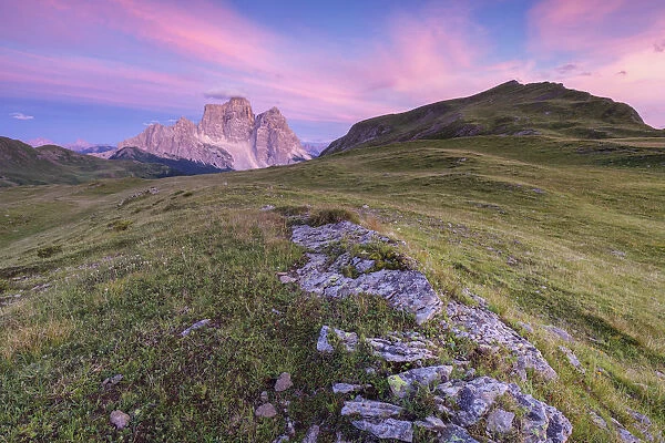 natural alpine landscape at dusk, mondeval with mount pelmo in the background
