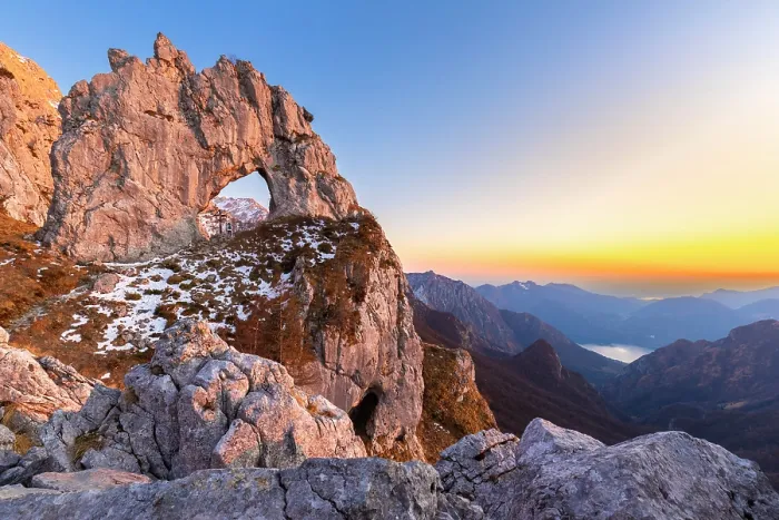 Framed Print : natural arch rock formation called Porta di Prada in the Grigna mountain, Grigna Settentrionale, Mandello del Lario, Lombardy, Italy. (MR) Framed Print : natural arch rock formation called Porta di Prada in the Grigna mountain, Grigna Settentrionale, Mandello del Lario, Lombardy, Italy. (MR)
