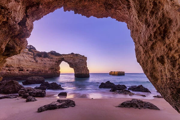 Natural Sea Arch Framed by Cave, Praia da Albandeira, Algarve, Portugal