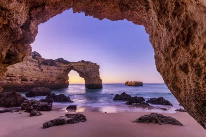 Framed Print : Natural Sea Arch Framed by Cave, Praia da Albandeira, Algarve, Portugal
