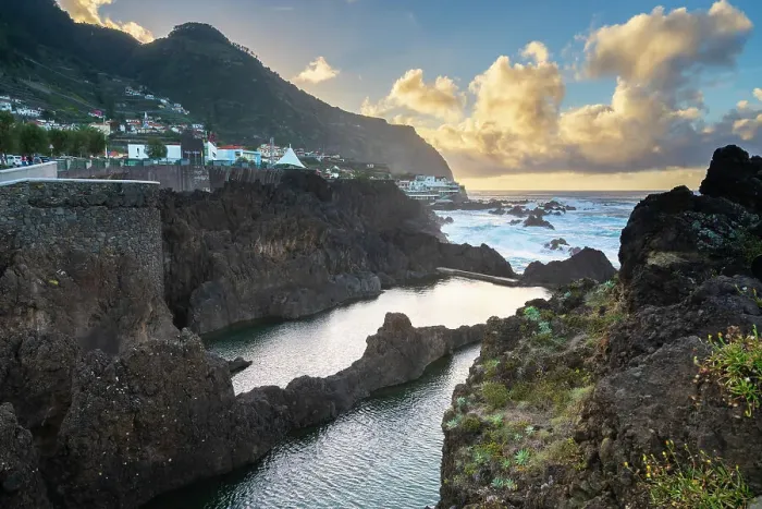 Framed Print : Natural volcanic rock swimming pools at sunset, Porto Moniz, Madeira, Portugal Framed Print : Natural volcanic rock swimming pools at sunset, Porto Moniz, Madeira, Portugal