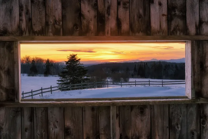 Framed Print : Natural wood frame around winter sunset from the A.M. Foster Bridge, Green Mountains, Cabot, Vermont, USA Framed Print : Natural wood frame around winter sunset from the A.M. Foster Bridge, Green Mountains, Cabot, Vermont, USA