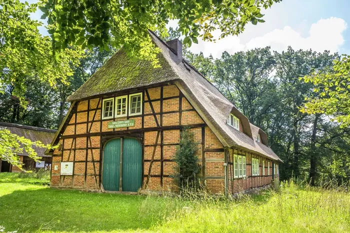 Framed Print : Nature conservation house Hans-Pforte-Haus in the village of Oberhaverbeck, Luneburg Heath, Lower Saxony, Germany Framed Print : Nature conservation house Hans-Pforte-Haus in the village of Oberhaverbeck, Luneburg Heath, Lower Saxony, Germany