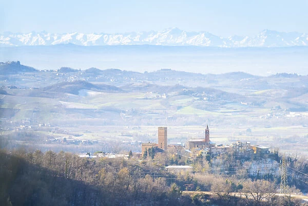 Nazzano and a view of the alps, Oltrepo Pavese, Province of Pavia, Lombardy, Italy