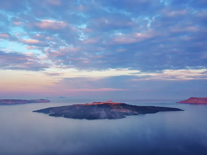 Framed Print : Nea Kameni Volcano and the caldera at sunrise seen from Fira, Santorini or Thira Island, Cyclades, Greece Framed Print : Nea Kameni Volcano and the caldera at sunrise seen from Fira, Santorini or Thira Island, Cyclades, Greece