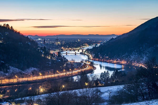Neckar valley at night with view towards the old town of Heidelberg, Baden-Wurttemberg
