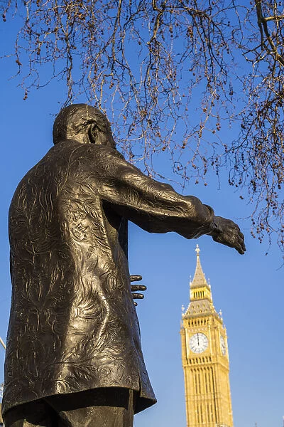 Nelson Mandela statue on Parliament square and Big Ben, also known as Elizabeth Tower. Part of the Houses of Parliament and a Unesco World Heritage site, London, England, UK