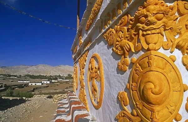 Nepal, Himalaya, Mustang, Charang. A decorative chorten, or Buddhist shrine