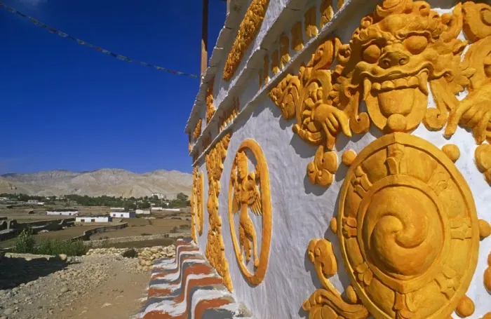 Framed Print : Nepal, Himalaya, Mustang, Charang. A decorative chorten, or Buddhist shrine