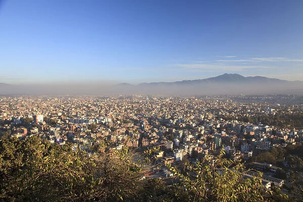 Nepal, Kathmandu, Swayambhunath Stupa, Aerial view of the city