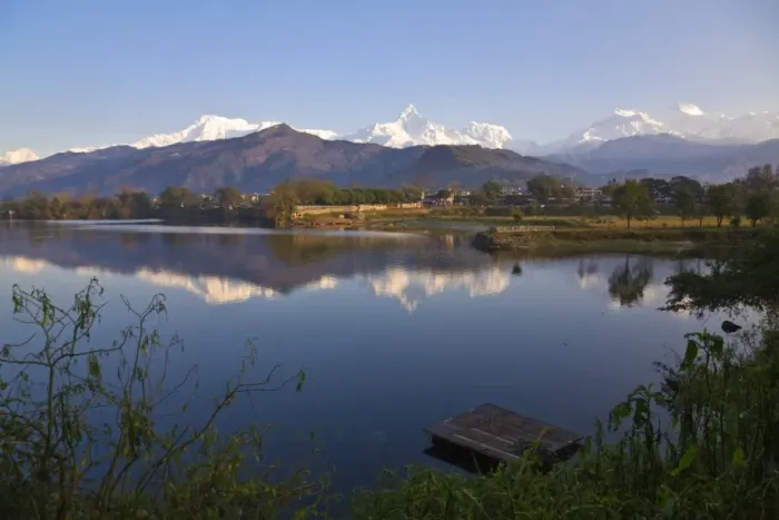 Framed Print : Nepal, Pokhara, Annapurna range reflecting in Phewa Lake