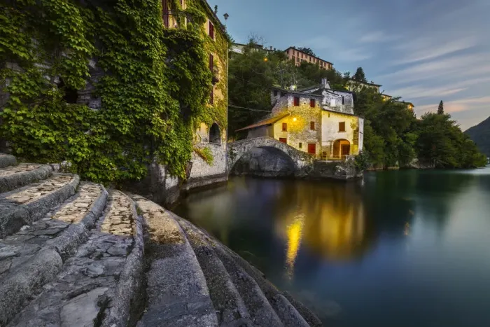 Framed Print : Nesso at dusk, Como lake, Como, Lombardy, Italy, Southern Europe Framed Print : Nesso at dusk, Como lake, Como, Lombardy, Italy, Southern Europe