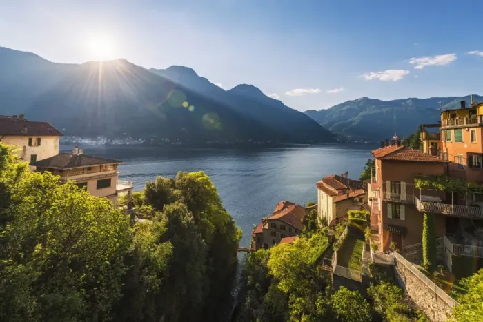 Framed Print : Nesso, lake Como, Como province, Italy, Europe. High angle view over the roman stone bridge Framed Print : Nesso, lake Como, Como province, Italy, Europe. High angle view over the roman stone bridge