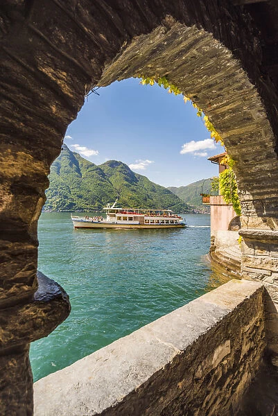 Nesso, lake Como, Como province, Italy. View of the lake from the old Roman stone bridge