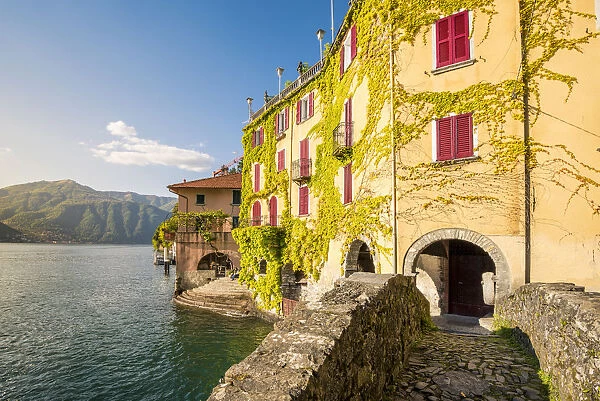 Nesso, lake Como, Como province, Italy. Lake shore from the roman stone bridge