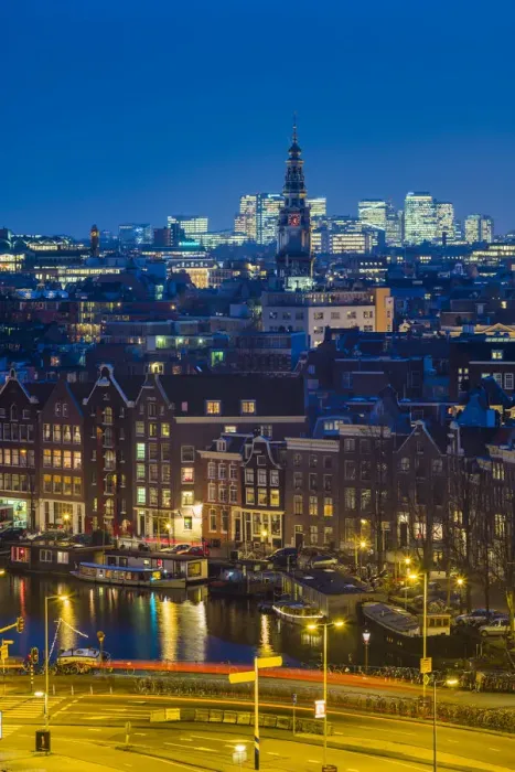Framed Print : Netherlands, Amsterdam, elevated city skyline from the north, dusk Framed Print : Netherlands, Amsterdam, elevated city skyline from the north, dusk