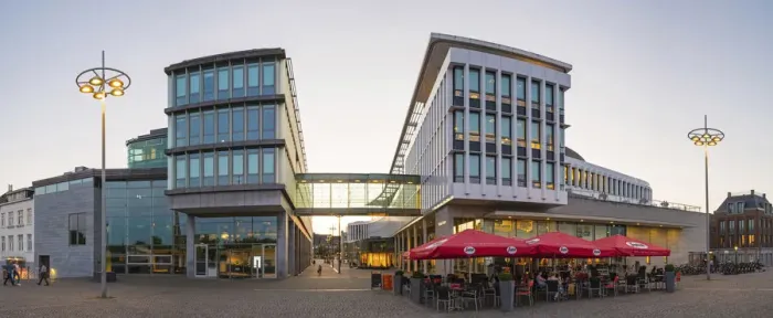 Framed Print : Netherlands, Limburg, Mstricht. Mosae Forum modern shopping center at dusk