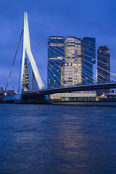 Netherlands, Rotterdam, Erasmusbrug bridge and new commerical towers at the renovated