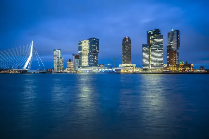 Framed Print : Netherlands, Rotterdam, Erasmusbrug bridge and new commerical towers at the renovated