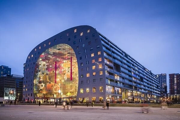 Netherlands, Rotterdam, Markthal foodhall, exterior, dusk