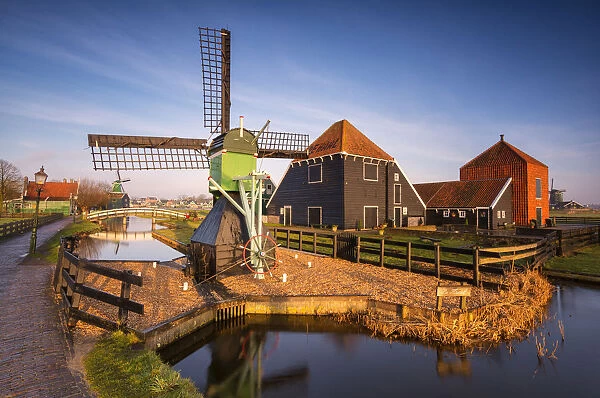 Netherlands, Windmills in Zaanse Schans at dawn