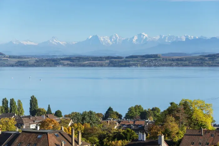 Framed Print : Neuchatel with Lac de Neuchatel and Bernese Alps, Neuchatel, Switzerland Framed Print : Neuchatel with Lac de Neuchatel and Bernese Alps, Neuchatel, Switzerland