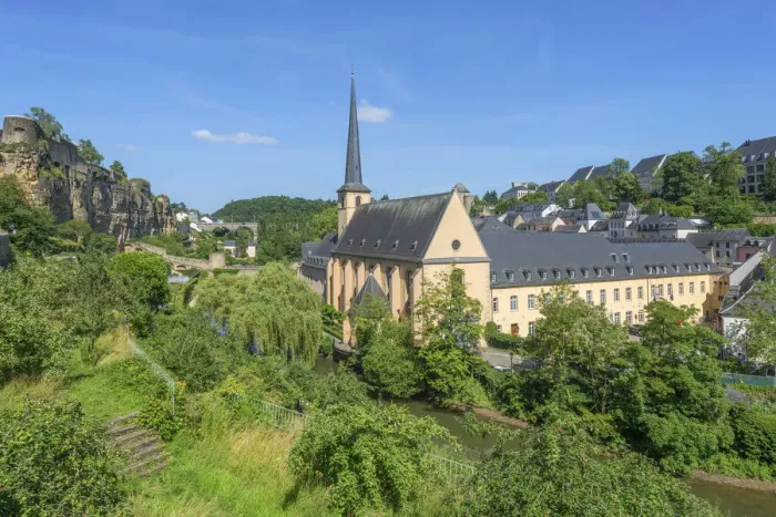 Framed Print : NeumAonster abbey at Grund with Bock Kasematten, Luxembourg Framed Print : NeumAonster abbey at Grund with Bock Kasematten, Luxembourg
