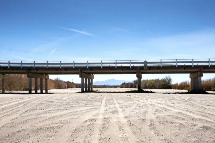 Framed Print : New Mexico, La Mesa, Rio Grande, Dry Riverbed, Bridge Crossing River, Climate Change, Rio Grande Valley