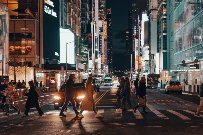 Framed Print : New York City streets at night, people and city lights, USA Framed Print : New York City streets at night, people and city lights, USA