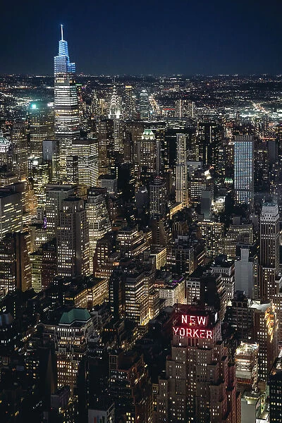 New York Skyline at night and tourists as seen from The Edge, Hudson Yards, Manhattan, New York City, USA