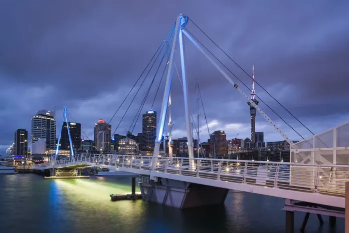 Framed Print : New Zealand, North Island, Auckland, Viaduct Harbour, footbridge, dawn Framed Print : New Zealand, North Island, Auckland, Viaduct Harbour, footbridge, dawn
