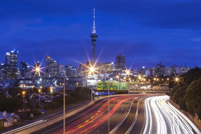 Framed Print : New Zealand, North Island, Auckland, skyline from Northern Motorway, dusk