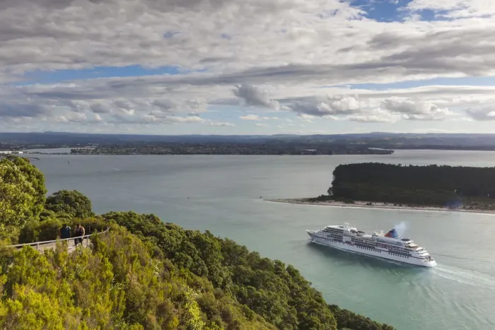 Framed Print : New Zealand, North Island, Mt. Manganui, elevated view of cruiseship and Tauranga Harbor Framed Print : New Zealand, North Island, Mt. Manganui, elevated view of cruiseship and Tauranga Harbor