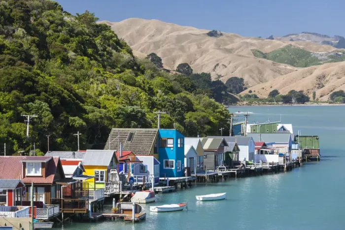 Framed Print : New Zealand, North Island, Paremata, houses along Porirua Harbour