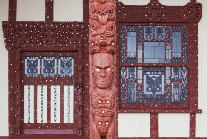 Framed Print : New Zealand, North Island, Rotorua, Ohinemutu, Maori village, sculptures on Marae