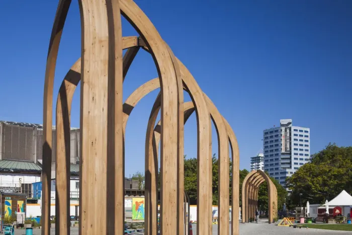 Framed Print : New Zealand, South Island, Christchurch, Victoria Street, wooden arches and office Framed Print : New Zealand, South Island, Christchurch, Victoria Street, wooden arches and office