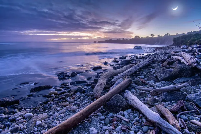 Framed Print : New Zealand, South Island, West Coast, Westport, Cape Foulwind, rocky beach with crescent moon Framed Print : New Zealand, South Island, West Coast, Westport, Cape Foulwind, rocky beach with crescent moon