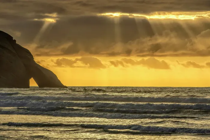 Framed Print : New Zealand, South Island, Wharariki Beach, sunset with clouds