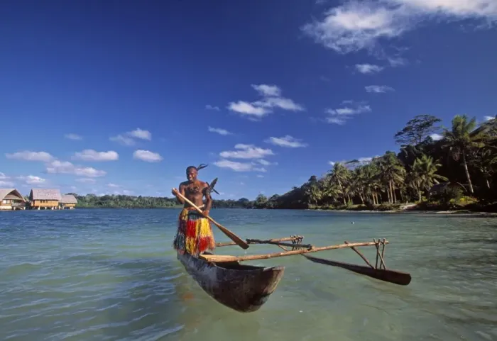 Framed Print : Ni-Vanuatu warrior rowing a canoe, Vanuatu Framed Print : Ni-Vanuatu warrior rowing a canoe, Vanuatu