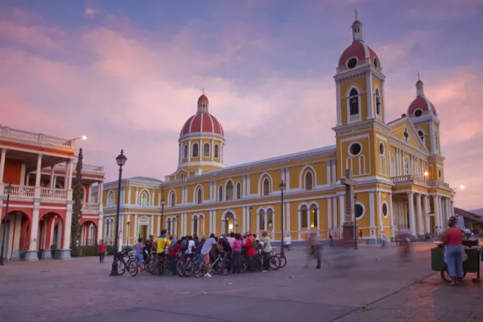 Framed Print : Nicaragua, Granada, Park Colon, Park Central, Cathedral de Granada at sunset