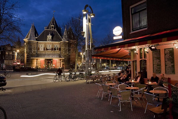 Nieuwmarkt Square and Waag Historic building, dusk, Amsterdam, Holland