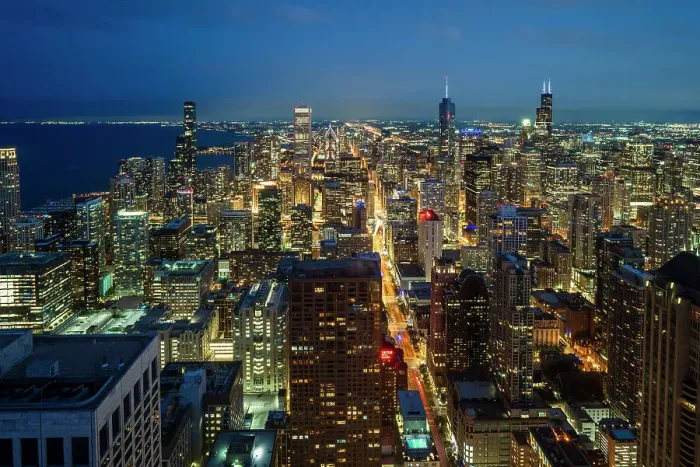 Framed Print : Night aerial view of downtown skyline, Chicago, Illinois, USA Framed Print : Night aerial view of downtown skyline, Chicago, Illinois, USA