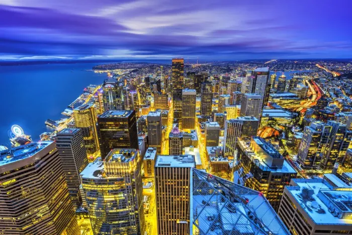 Framed Print : Night aerial view of downtowns skyline, Seattle, Washington, USA Framed Print : Night aerial view of downtowns skyline, Seattle, Washington, USA