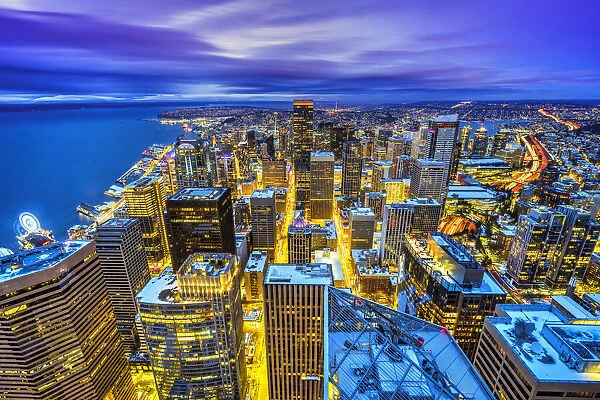 Night aerial view of downtowns skyline, Seattle, Washington, USA