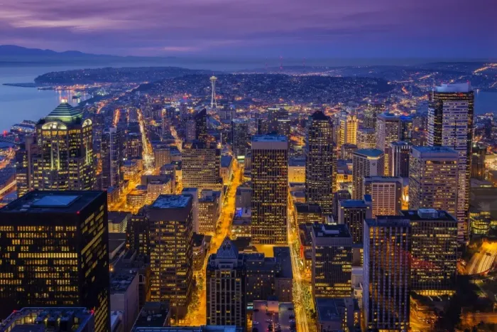 Framed Print : Night downtown skyline, Seattle, Washington, USA