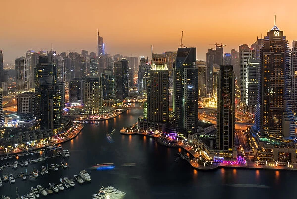 Night skyline of Dubai Marina residential area, Dubai, United Arab Emirates